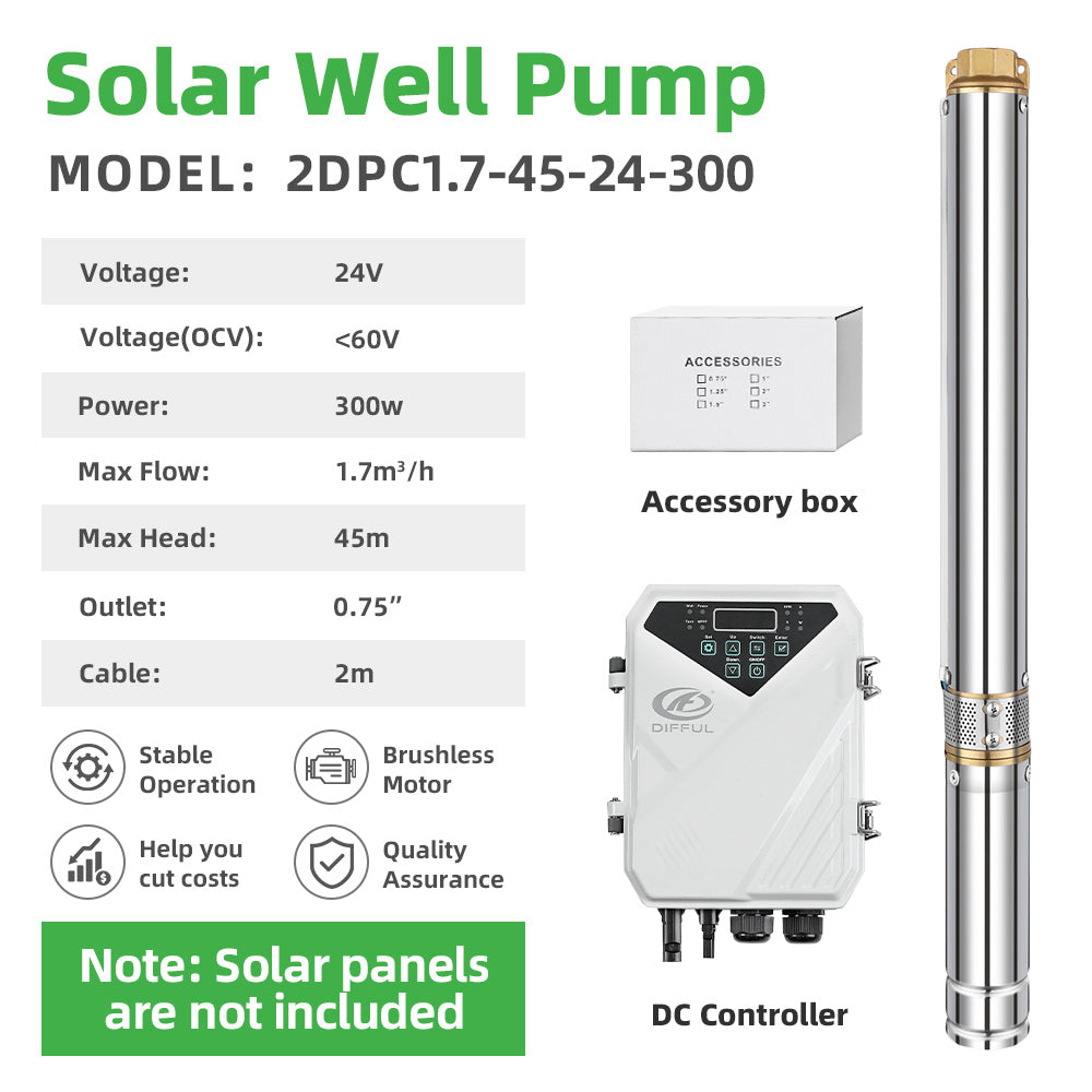 DIFFUL Solar Water Pump Kit, 2 inch 300 W 24 V DC For Off-Grid Living
