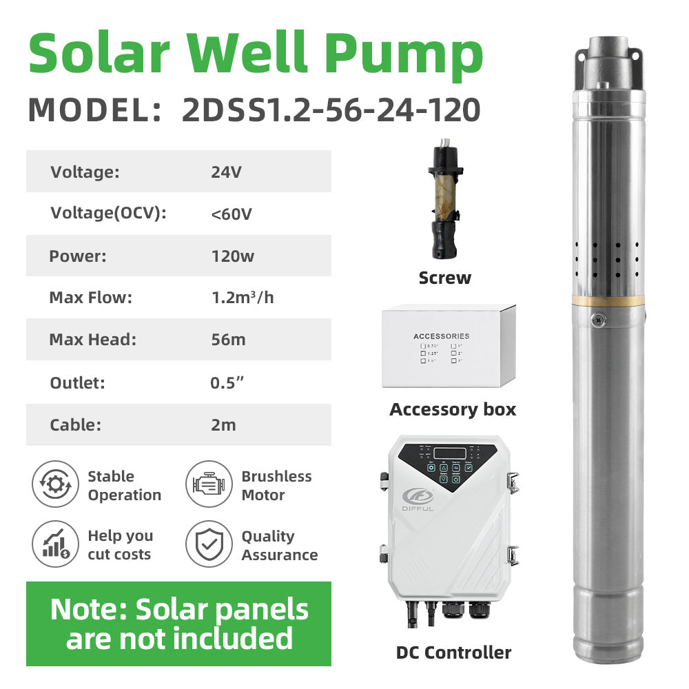 DIFFUL Solar Screw Pump, 2 inch 120 W 24 V DC For Livestock