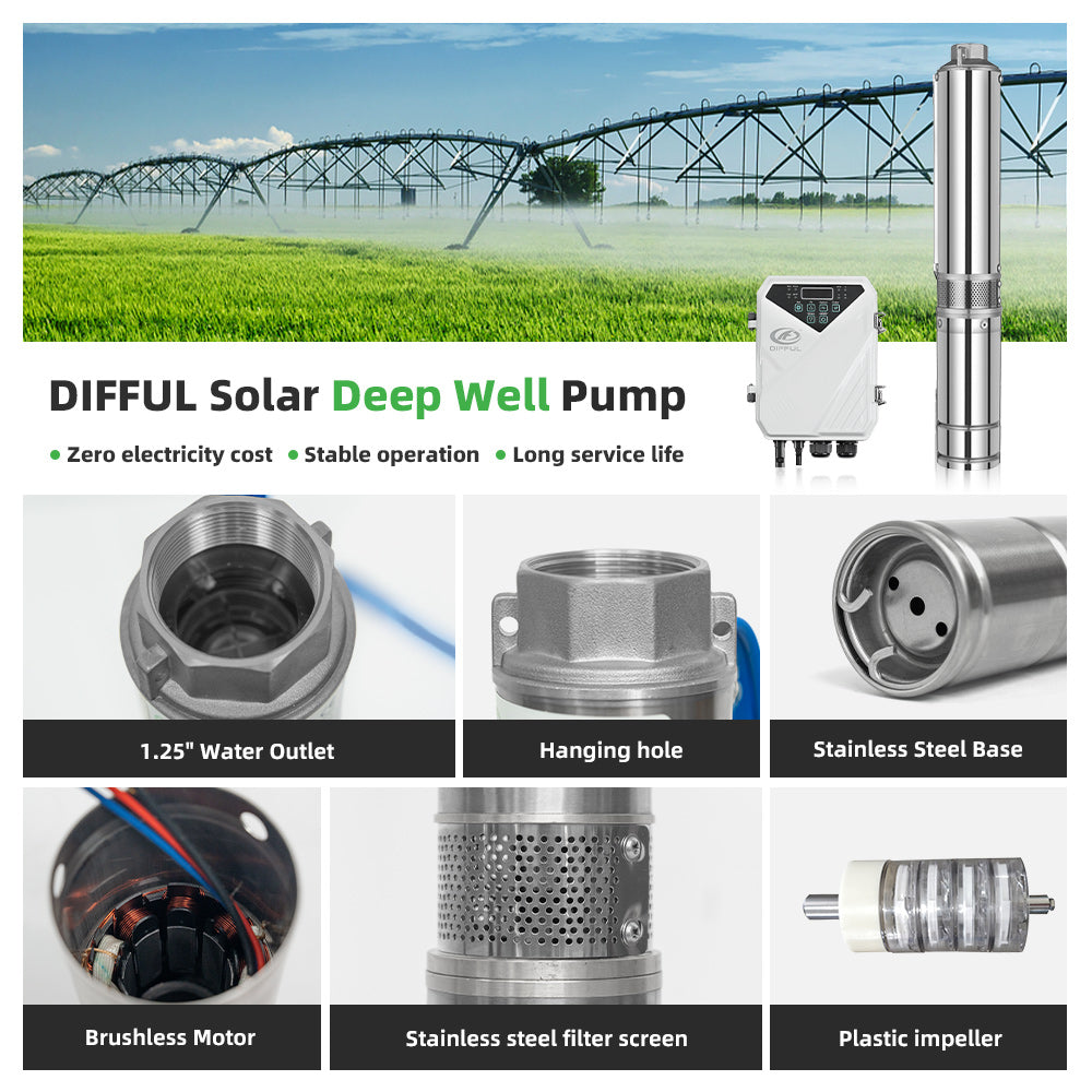 DIFFUL Solar Powered Water Pump, 3 inch 25M Head 200 W 24 V DC For Irrigation