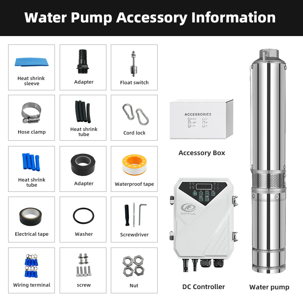 DIFFUL Solar Powered Water Pump, 3 inch 25M Head 200 W 24 V DC For Irrigation