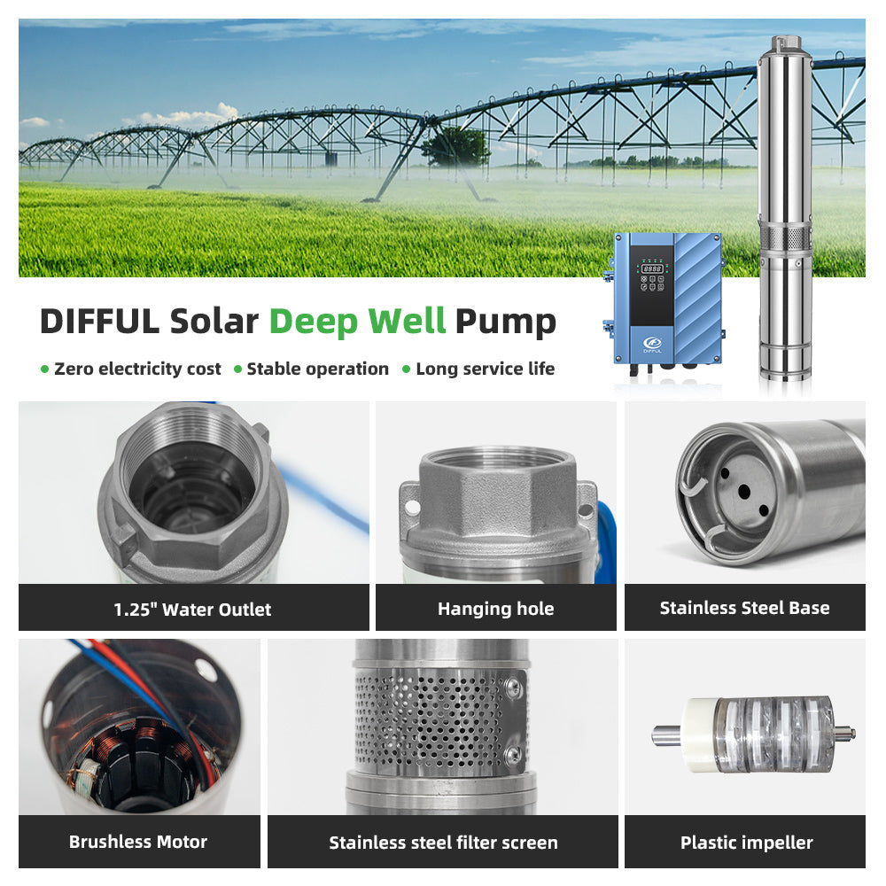 DIFFUL Solar Bore Pump, 3 inch 750 W 85 V - 280 V AC/DC For Livestock