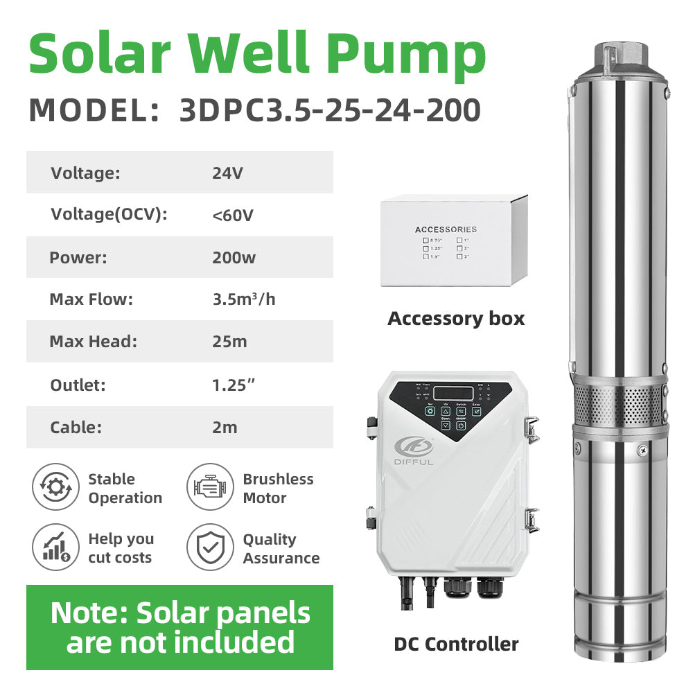 DIFFUL Solar Powered Water Pump, 3 inch 25M Head 200 W 24 V DC For Irrigation