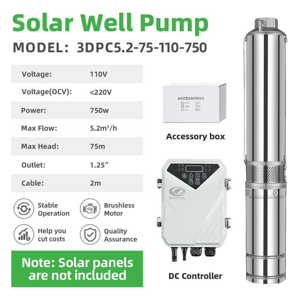 DIFFUL Solar Well Pumps, 3 inch 750 W 110 V DC For Off-Grid Living