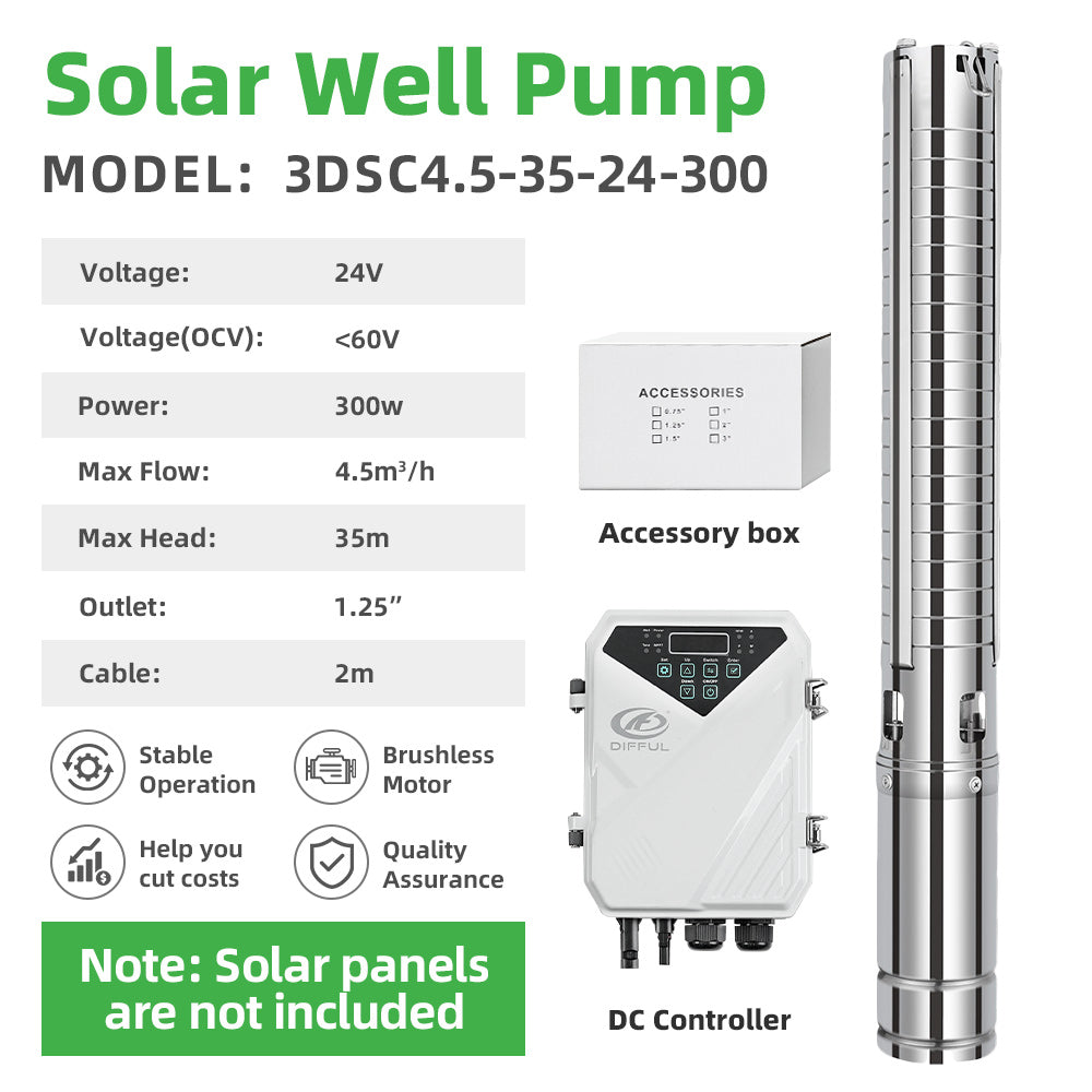DIFFUL Solar Submersible Pump, 3 inch 300W 24 V DC For Off-Grid Living