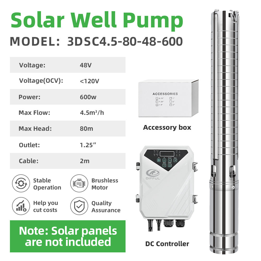 DIFFUL Solar Borehole Pumps, 3 inch 600W 48 V DC For Livestock