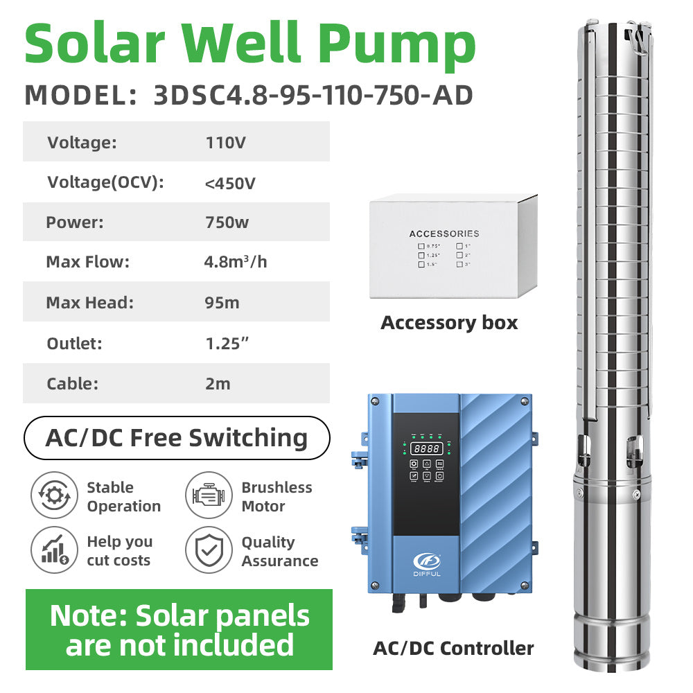 DIFFUL Solar Water Pump Solutions, 3 inch 750 W 85 V - 280 V AC/DC For Sprinklers