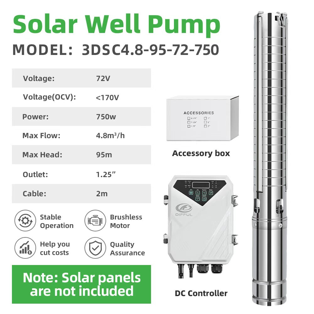 DIFFUL Solar Borehole Pumps, 3 inch 750W 72 V DC For Livestock