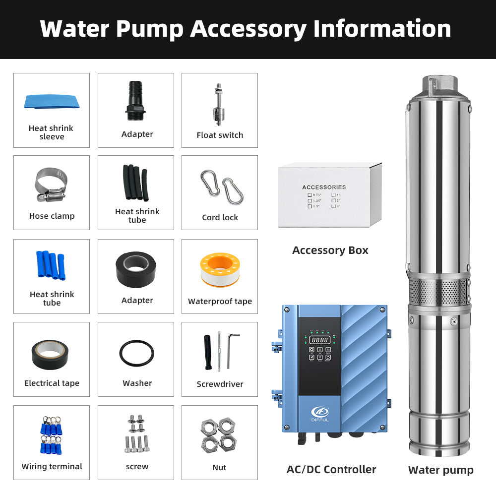 DIFFUL Solar Pump For Water Tank, 4 inch 17 M³/H Flow 2200W 85 V - 280 V AC/DC For Sprinklers