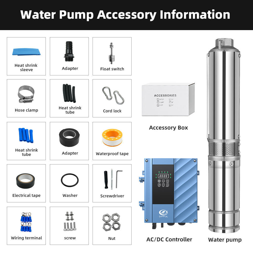 DIFFUL Solar Water Pump, 4 inch 14 M³/H Flow 2200 W 85 V - 280 V AC/DC For Sprinklers