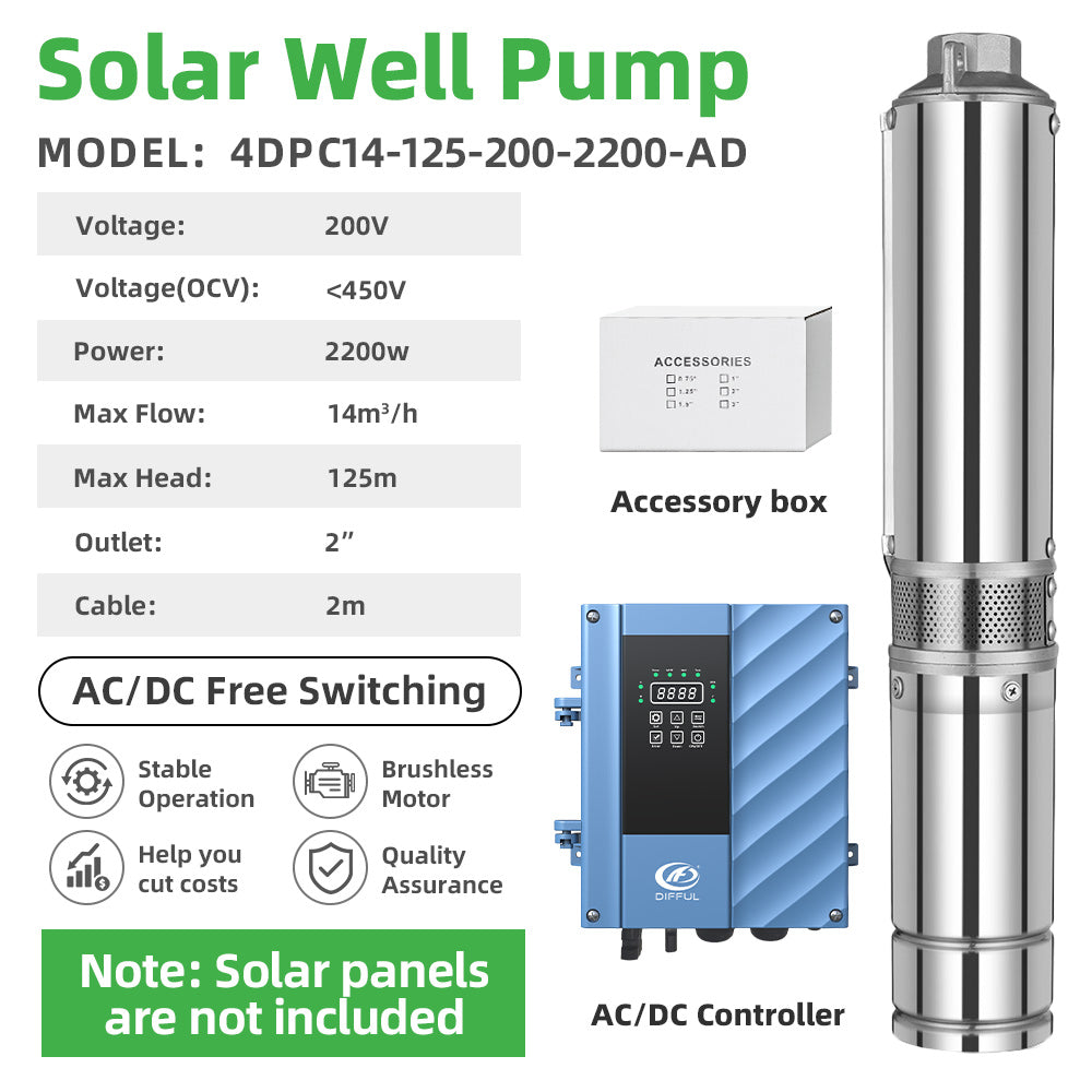 DIFFUL Solar Water Pump, 4 inch 14 M³/H Flow 2200 W 85 V - 280 V AC/DC For Sprinklers