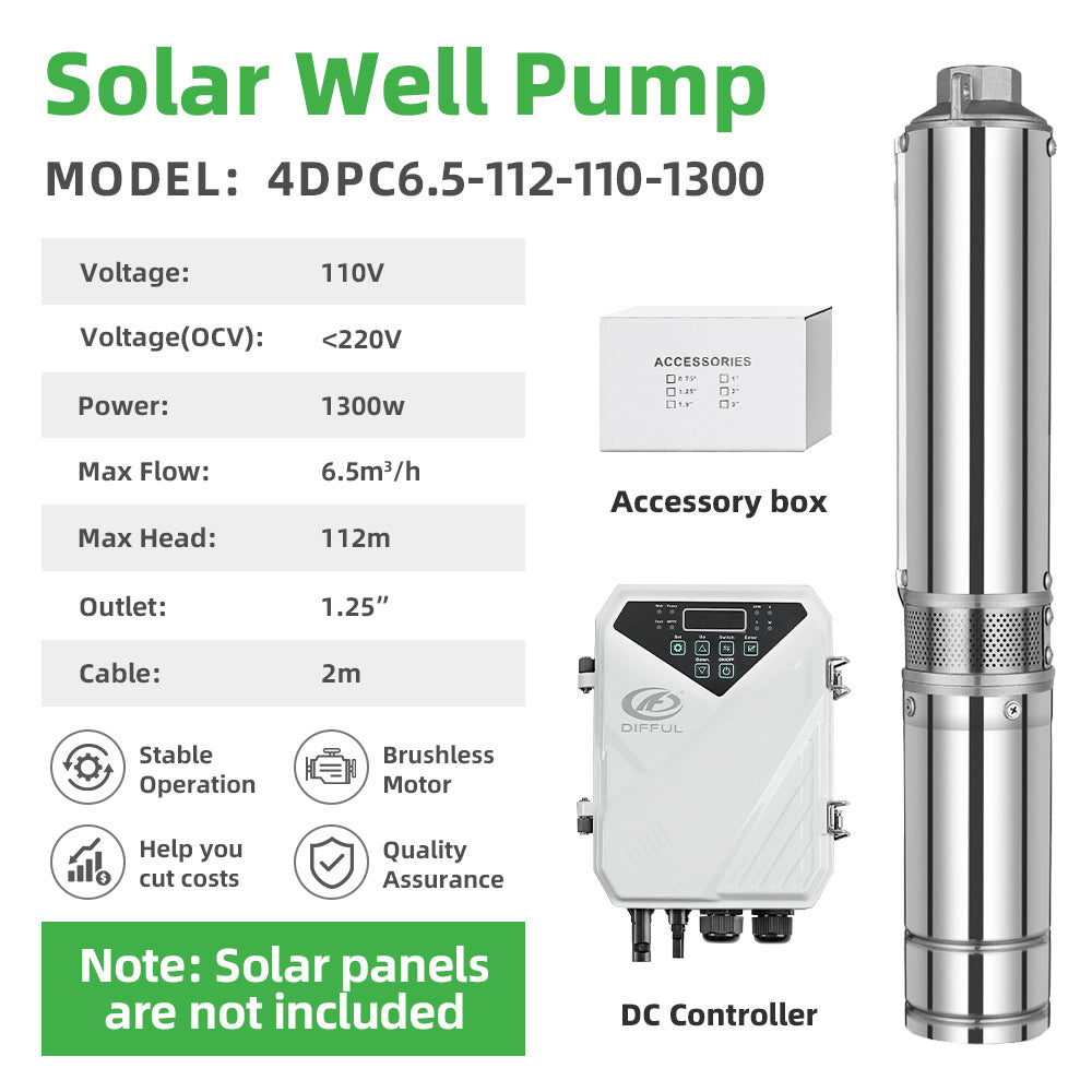DIFFUL Solar Water Pump, 4 inch 1300 W 110 V DC For Irrigation