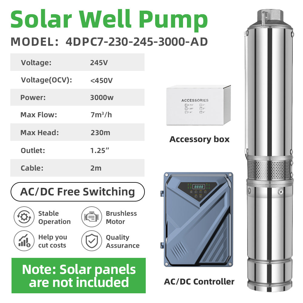 DIFFUL Solar Water Pump, 4 inch 230 M High Head 3000 W 85 V - 280 V AC/DC For Sprinklers