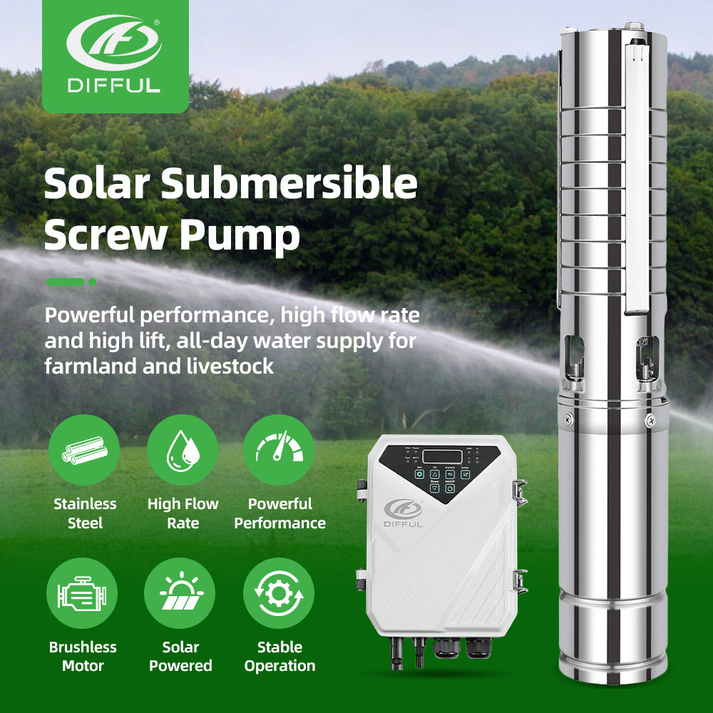 DIFFUL Solar Powered Submersible Water Pumps, 4 inch 1500W 110 V DC For Irrigation