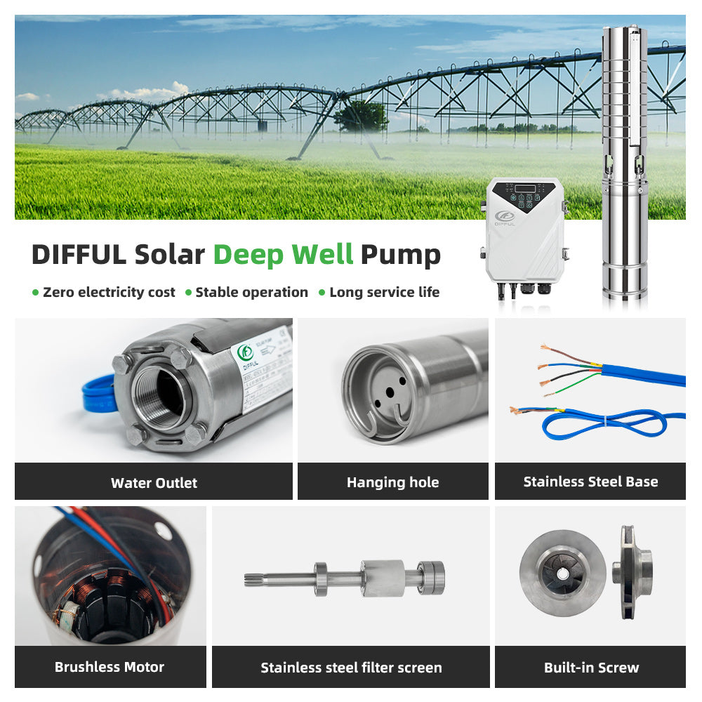 DIFFUL Solar Powered Submersible Water Pumps, 4 inch 1500W 110 V DC For Irrigation