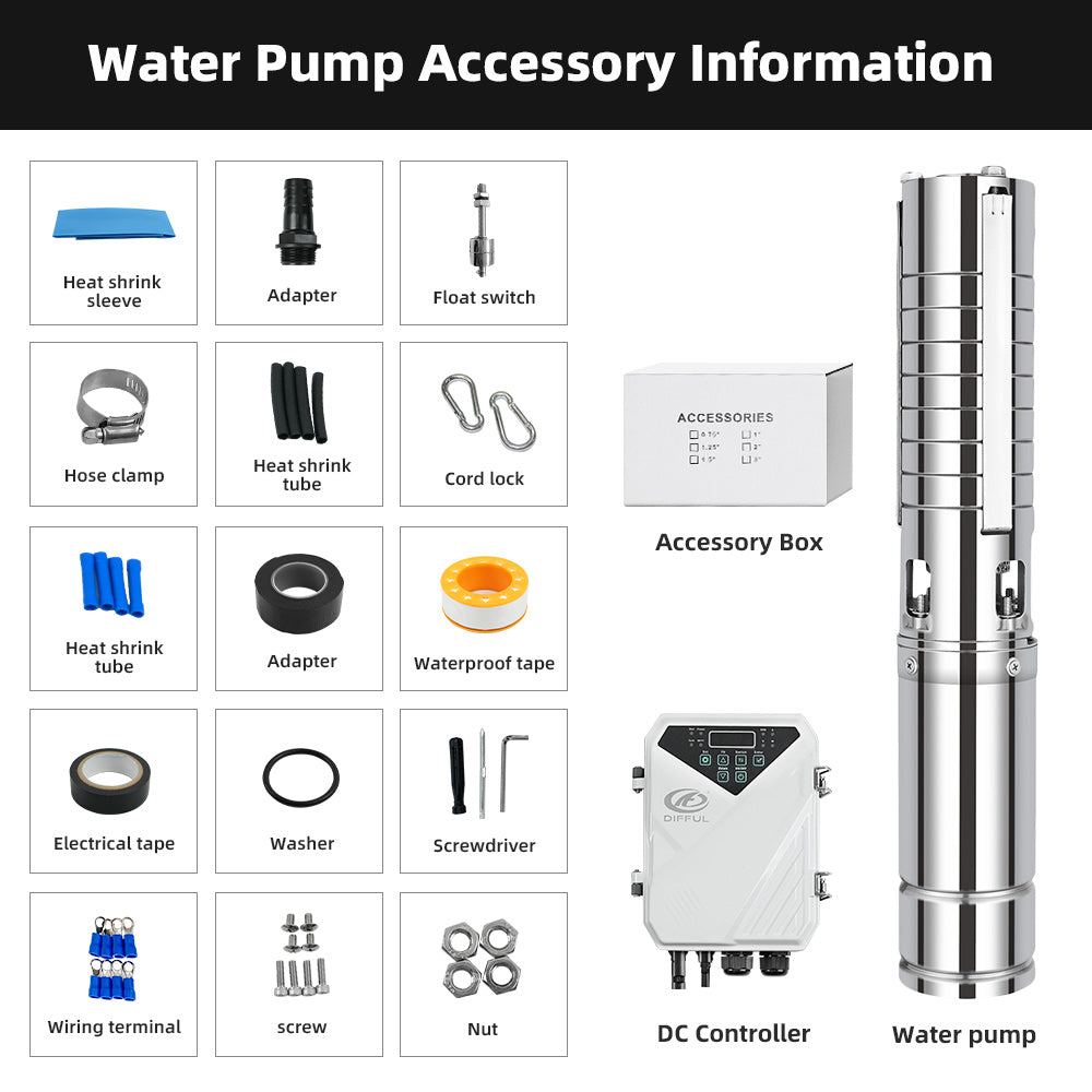 DIFFUL Solar Powered Submersible Water Pumps, 4 inch 1500W 110 V DC For Irrigation