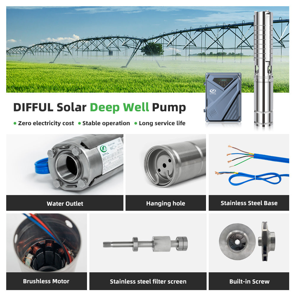 DIFFUL Solar Water Pump Solutions, 4 inch 20 M³/H Flow 3000 W 85 V - 280 V AC/DC For Drip Lines