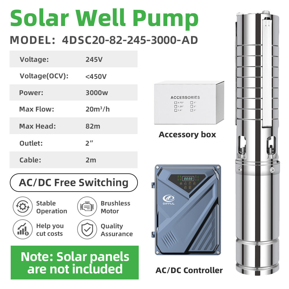 DIFFUL Solar Water Pump Solutions, 4 inch 20 M³/H Flow 3000 W 85 V - 280 V AC/DC For Drip Lines
