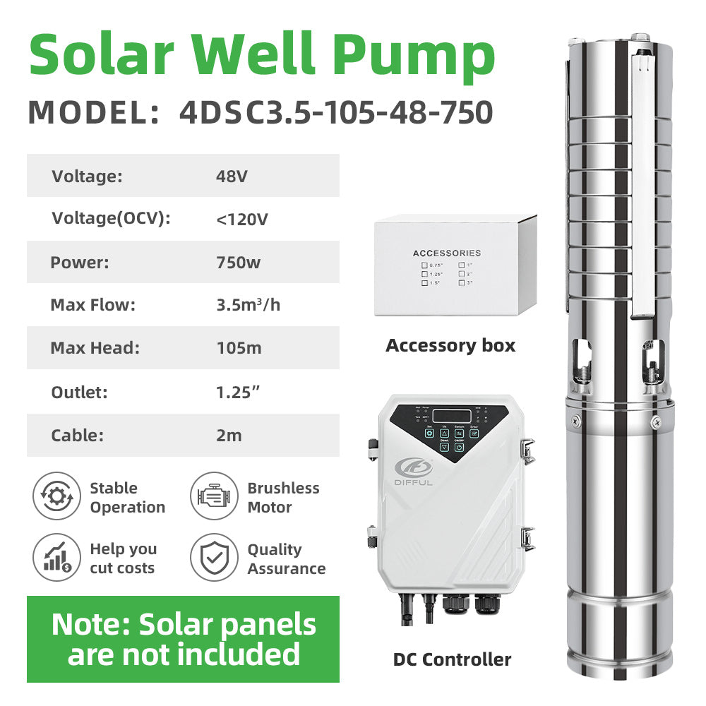 DIFFUL Solar Powered Submersible Water Pumps, 4 inch 750W 48 V DC For Irrigation