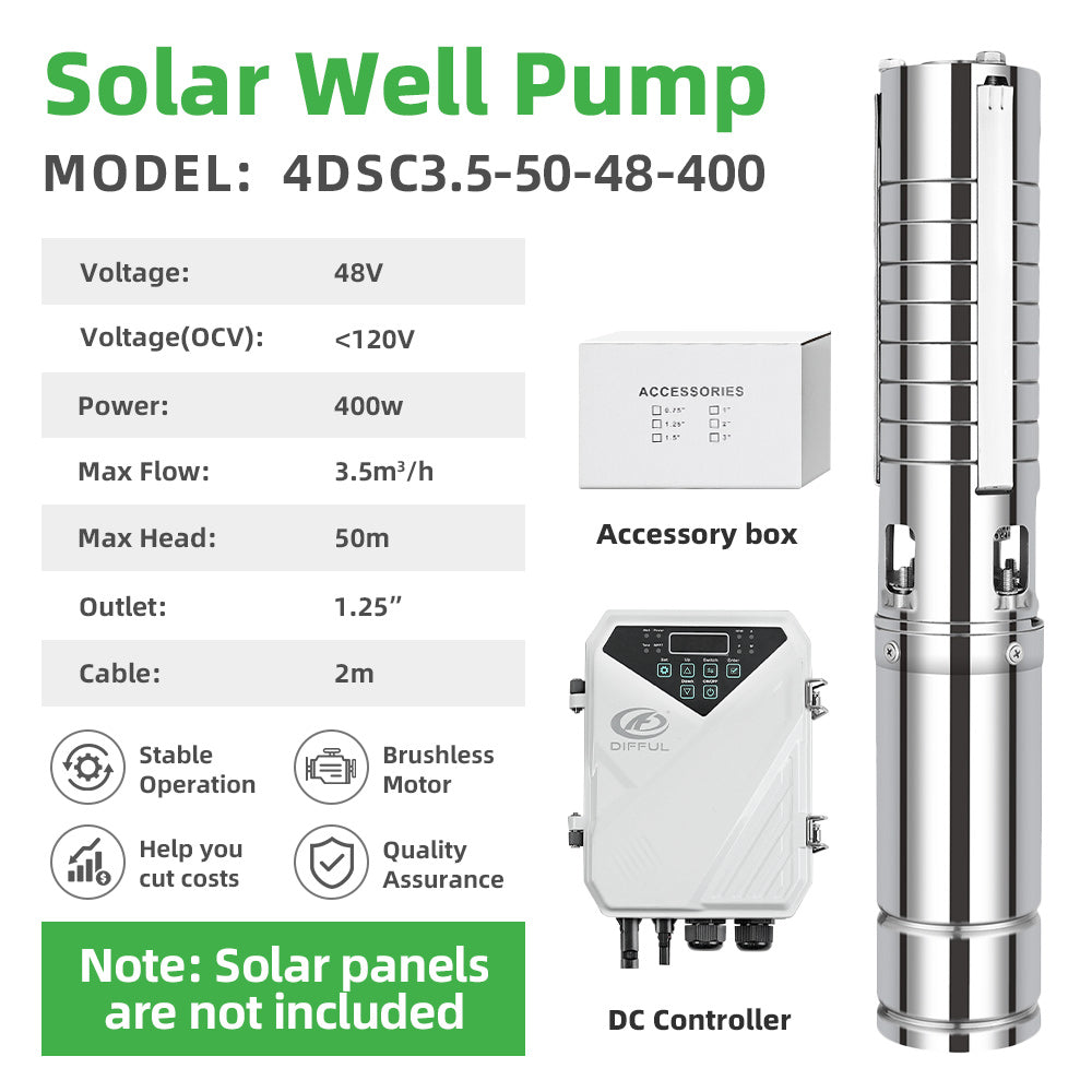 DIFFUL Solar Powered Submersible Water Pumps, 4 inch 400W 48 V DC For Irrigation
