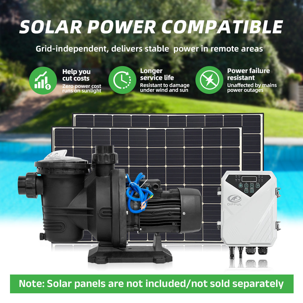 DIFFUL Solar Swimming Pool Pump, 27 M³/H Flow 19 M Head 1200 W 110V DC for Farm
