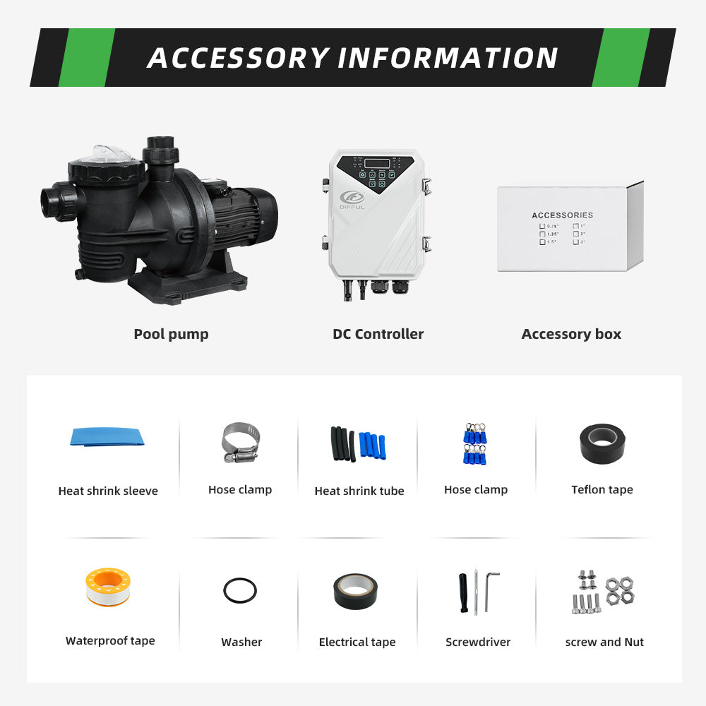 DIFFUL Solar Swimming Pool Pump, 27 M³/H Flow 19 M Head 1200 W 110V DC for Farm
