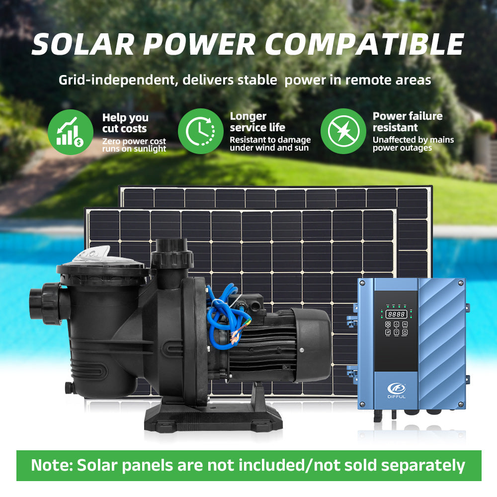 DIFFUL Solar Swimming Pool Pump, 27 M³/H Flow 19 M Head 1200 W 72V AC/DC for Filling Ponds