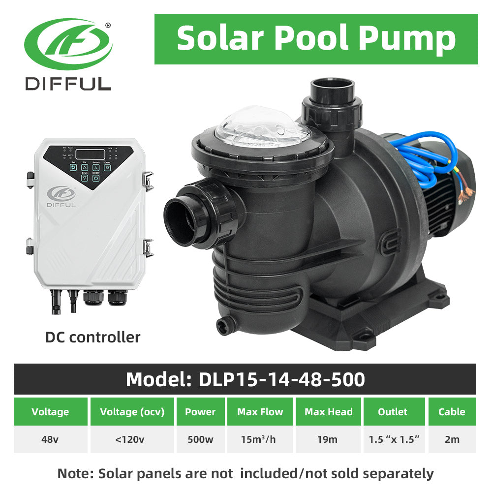 DIFFUL Solar Powered Pool Pump, 14 M Head 500 W 48V DC for Home & Garden